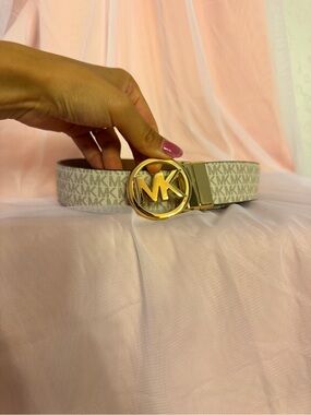 Michael Kors Beige Signature MK Logo Belt with Gold Buckle Size S
